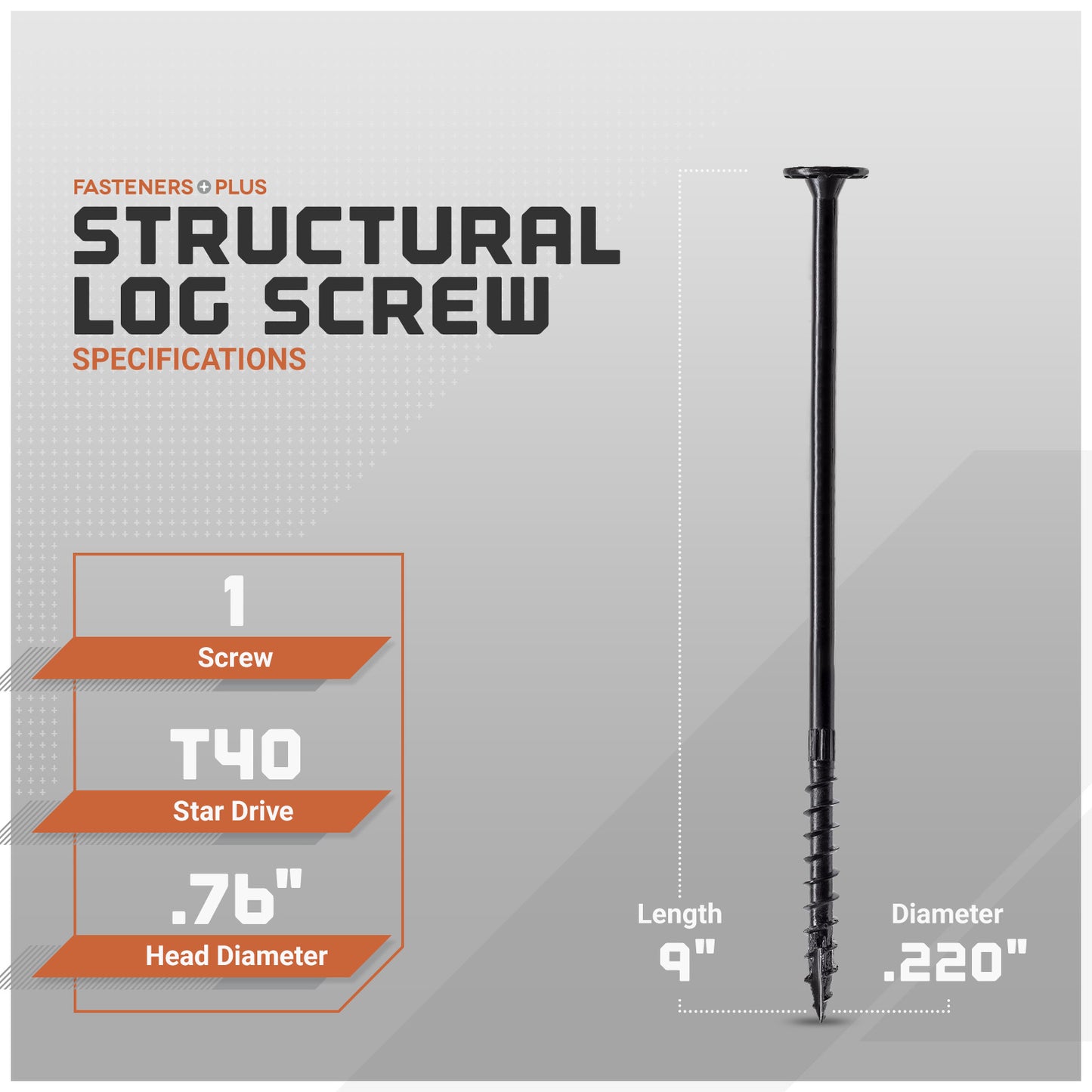 Structural log screw with specifications on a gray background