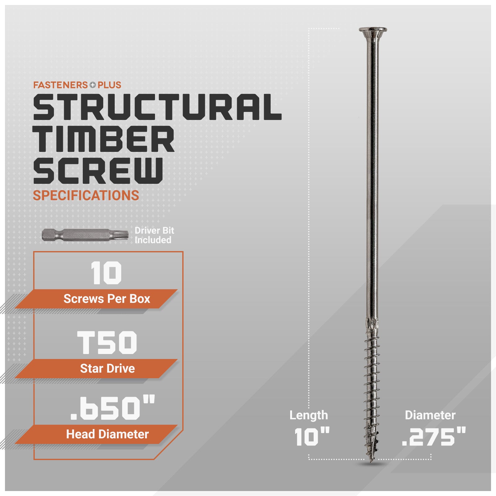 Structural timber screw with specifications on a gray background