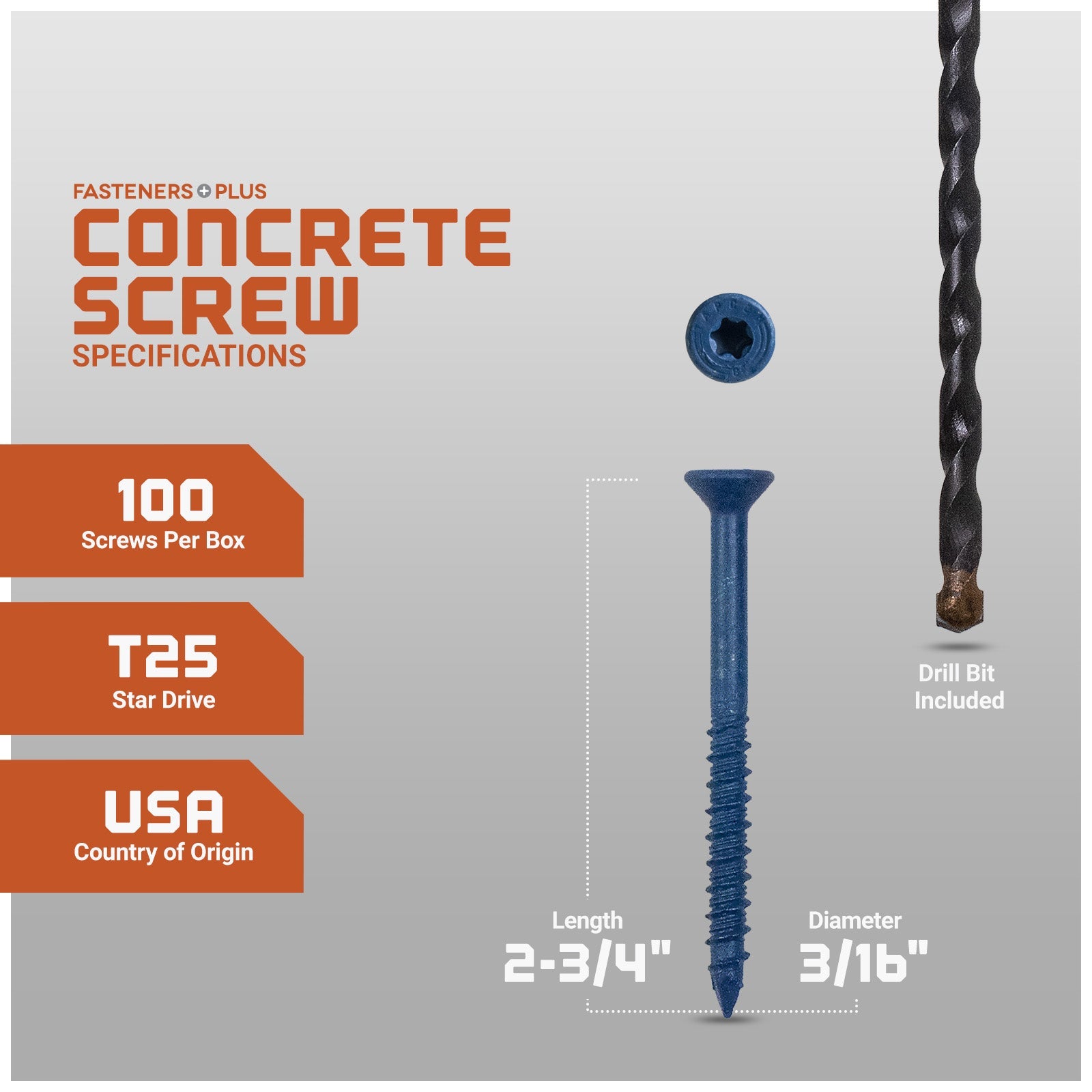 3/16" x 2-3/4" Tapcon Blue Flat Head Concrete Screw, T-25 Star Drive - Individual Dimensions