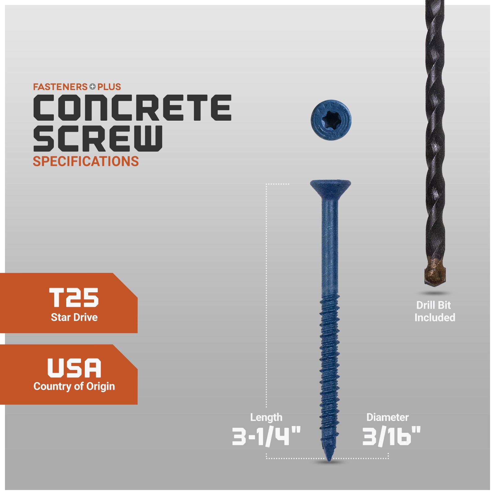 Concrete screw with specifications and drill bit included on a gray background