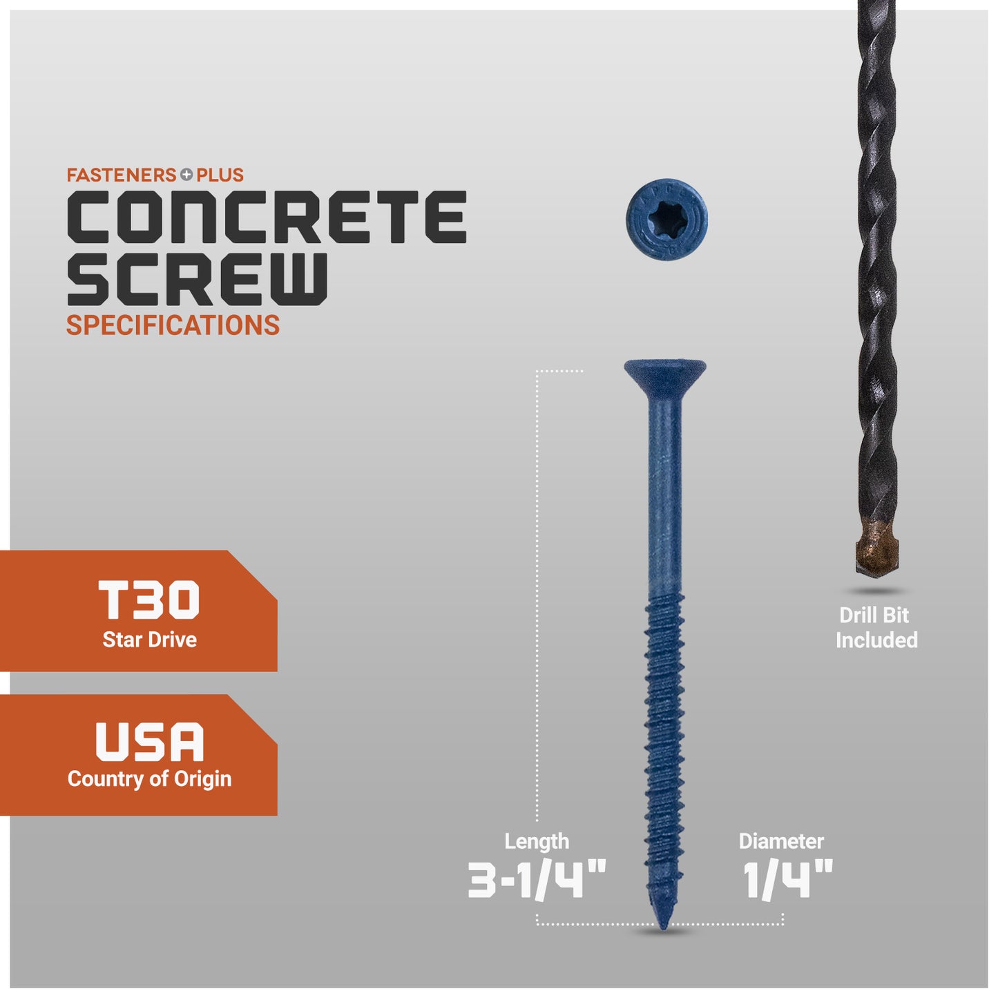 Concrete screw with specifications and drill bit included on a gray background