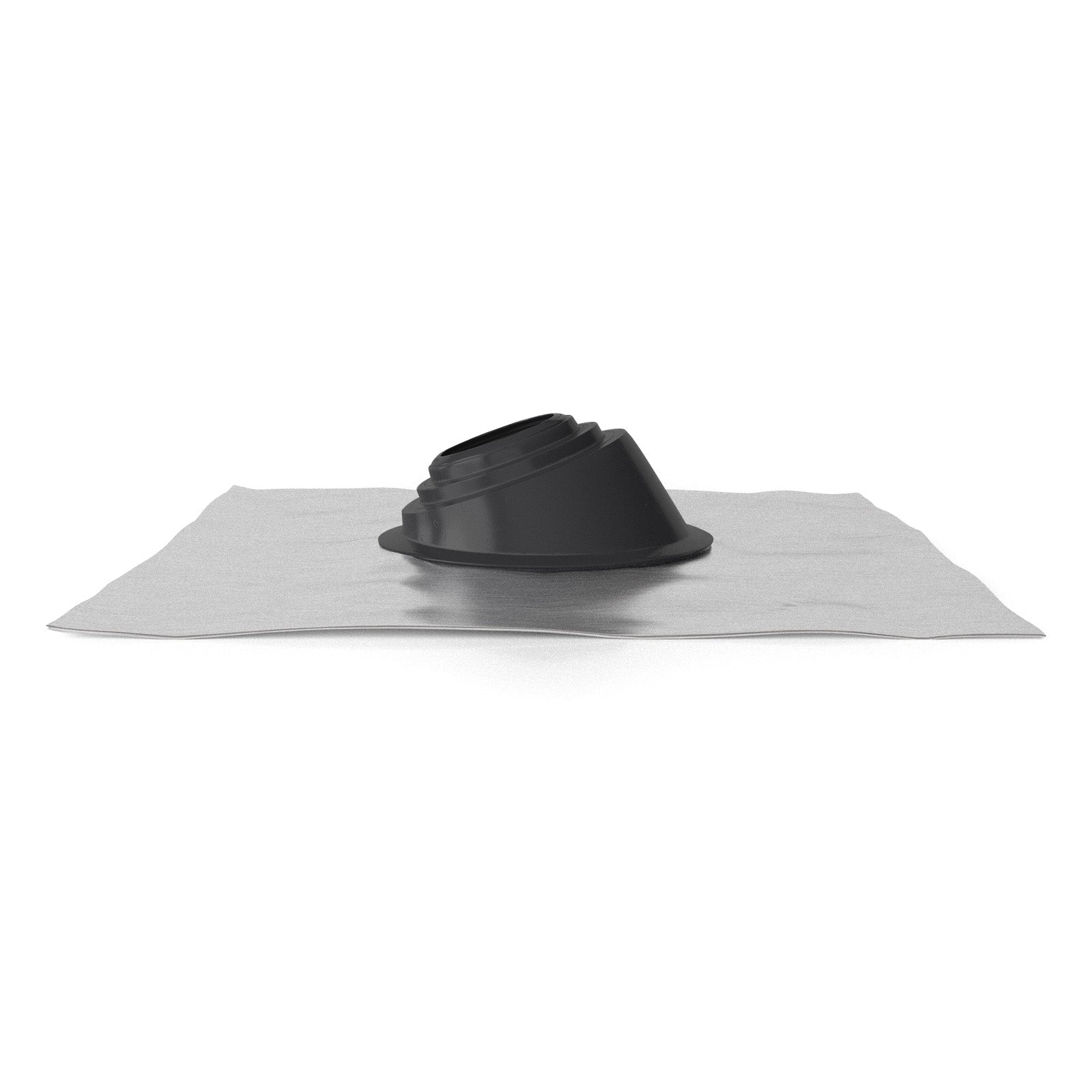 Black epdm roof boot on a metal sheet against a white background