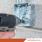 Person using a drill to fasten a metal box onto a concrete wall with 'Fasteners Plus' branding.