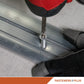 Person using a drill to concrete screw into metal with 'Fasteners Plus' branding.