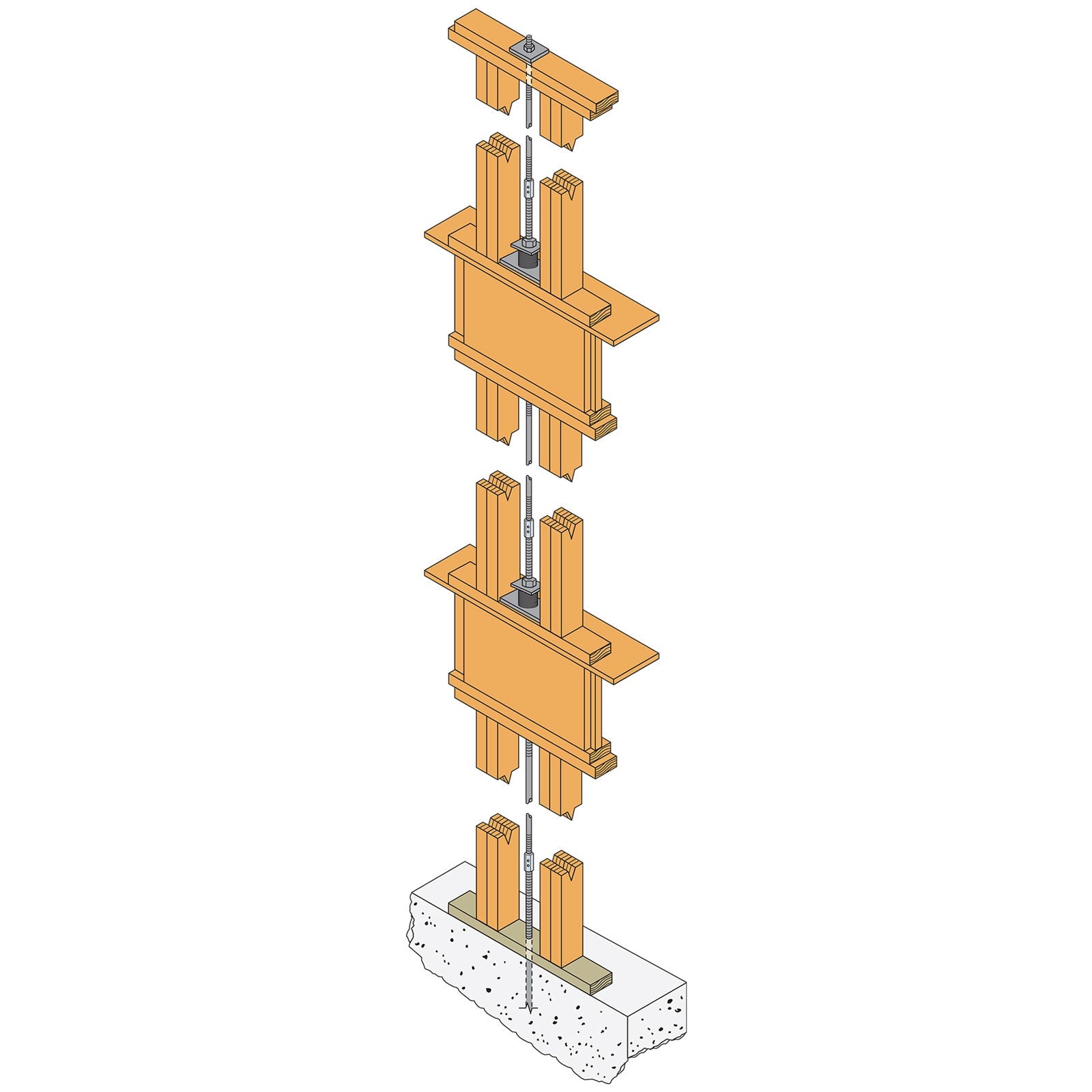 Three story system of threaded rod and coupler nuts installed 