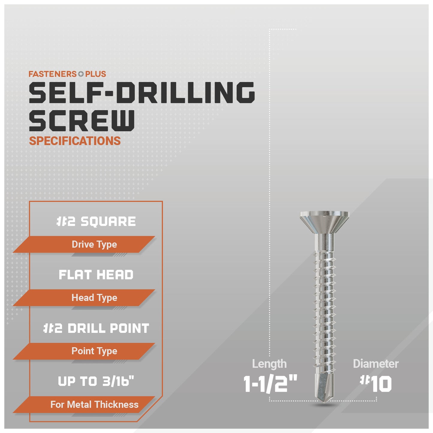 Self-drilling screw with specifications on a gray background