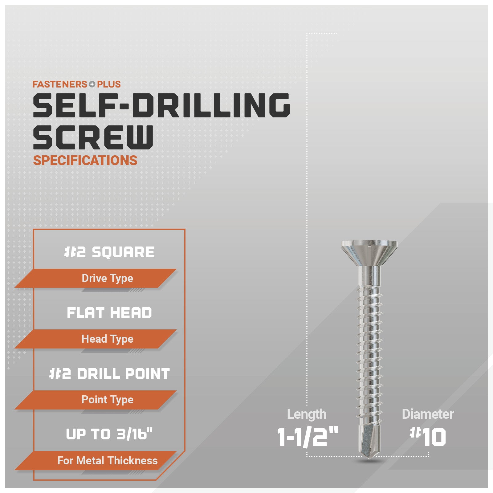 Self-drilling screw with specifications on a gray background