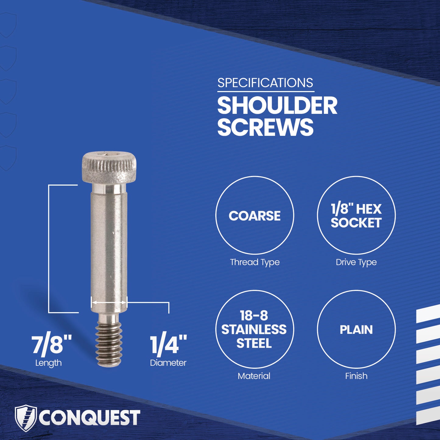 Conquest 1/4"-10-24 x 7/8" Coarse Socket Shoulder Screw - 18-8 Stainless Steel