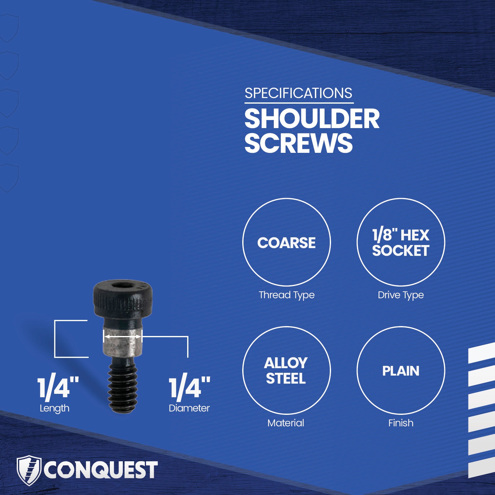Shoulder screw with specifications on a blue background, featuring the Conquest brand.