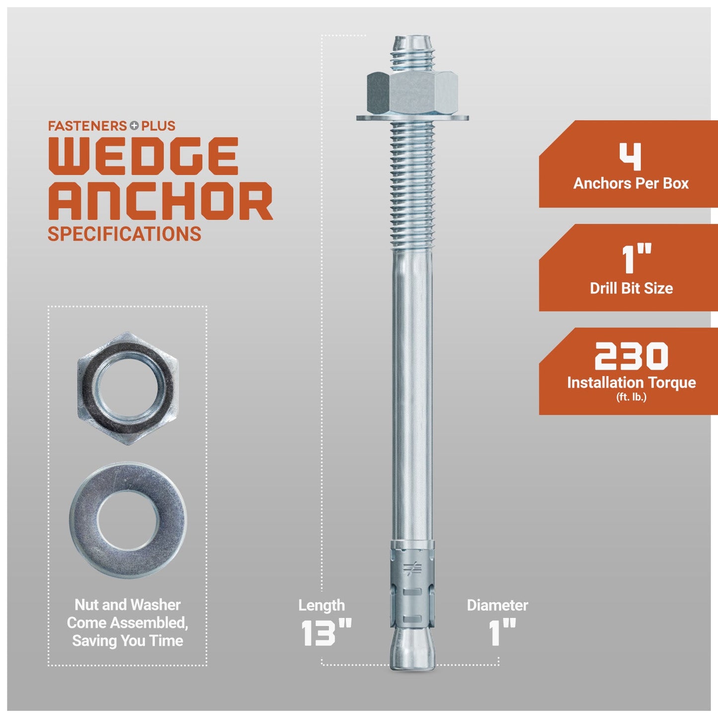 1" x 13" Strong-Tie Strong Bolt 2 Wedge Anchor Fully-Assembled, Zinc Plated, Pkg 4 Dimensions