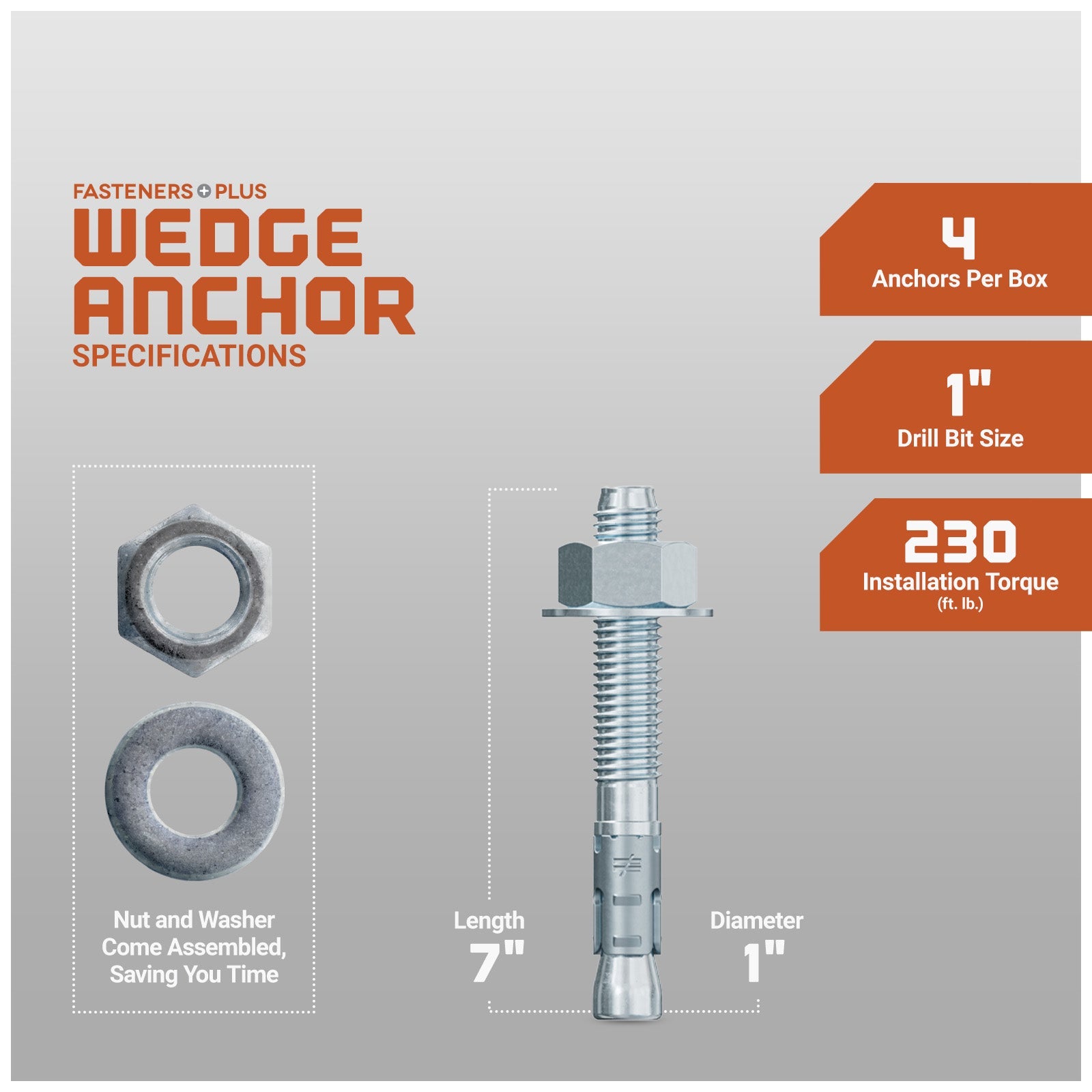 1" x 7" Strong-Tie Strong Bolt 2 Wedge Anchor Fully-Assembled, Zinc Plated, Pkg 4 Dimensions