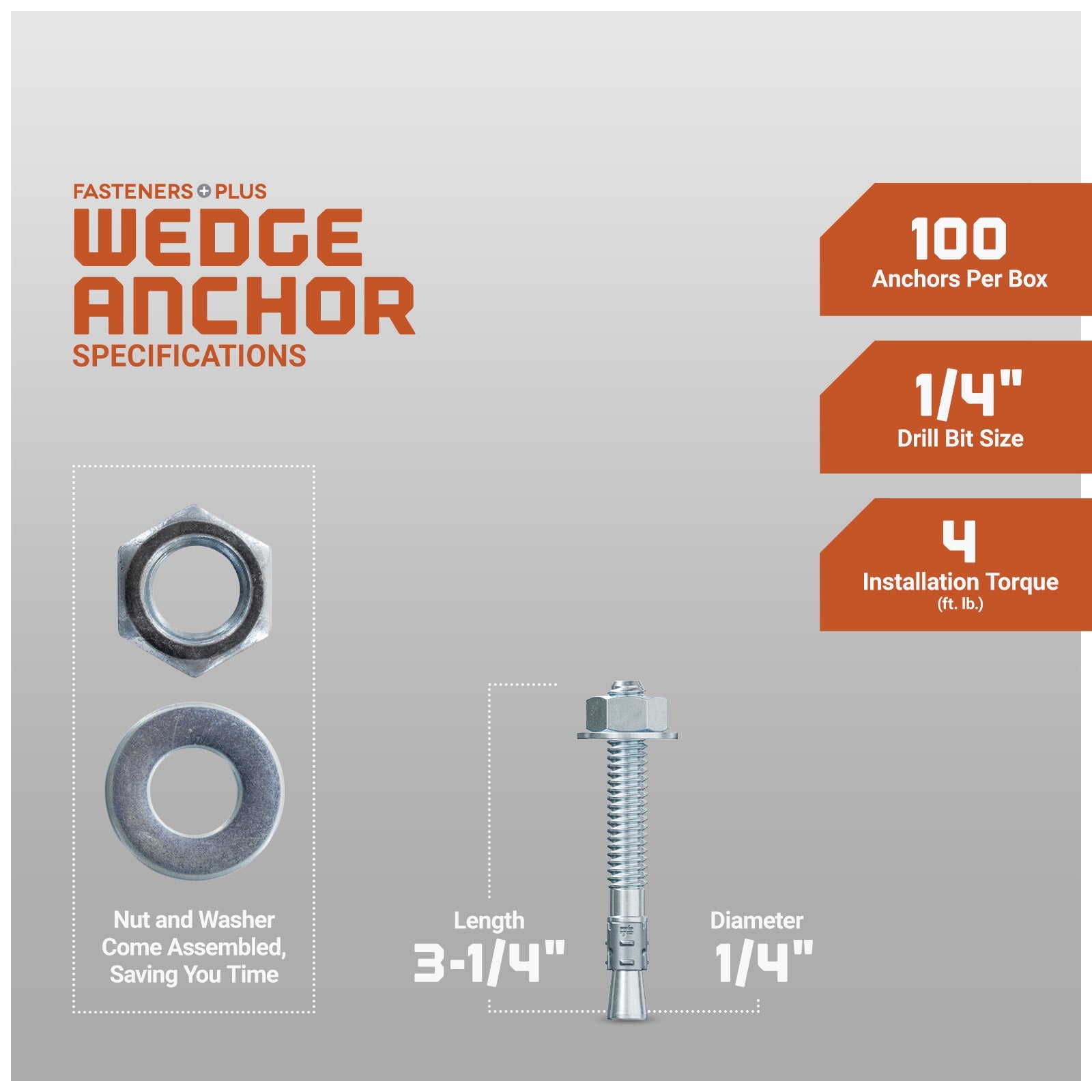 1/4" x 3-1/4" Strong-Tie Strong Bolt 2 Wedge Anchor Fully-Assembled, Zinc Plated, Pkg 100 Dimensions