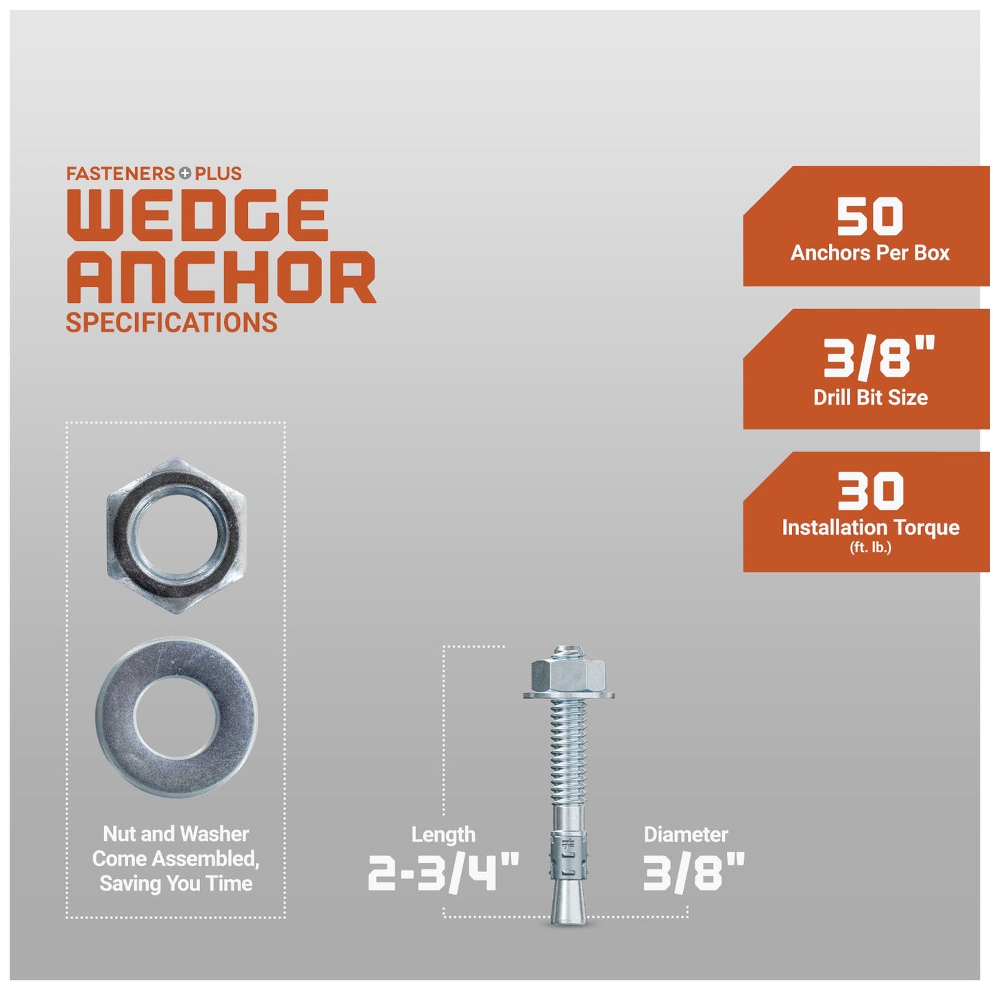 3/8" x 2-3/4" Strong-Tie Strong Bolt 2 Wedge Anchor Fully-Assembled, Zinc Plated, Pkg 50 Dimensions