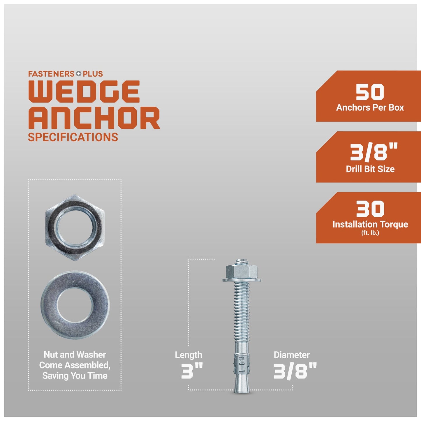 3/8" x 3" Strong-Tie Strong Bolt 2 Wedge Anchor Fully-Assembled, Zinc Plated, Pkg 50 Dimensions