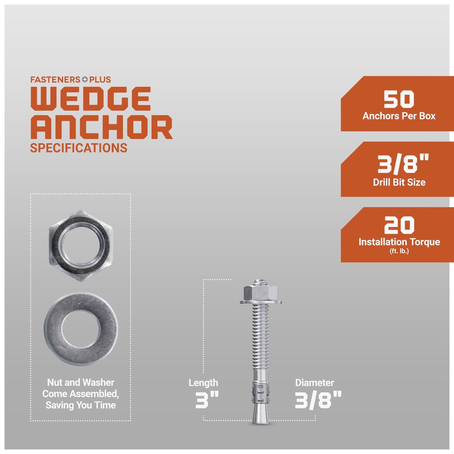 Simpson 3/8" x 3" Strong Bolt 2 Fully Assembled Wedge Anchor - 304 Stainless Steel, Pkg 50 Dimensions