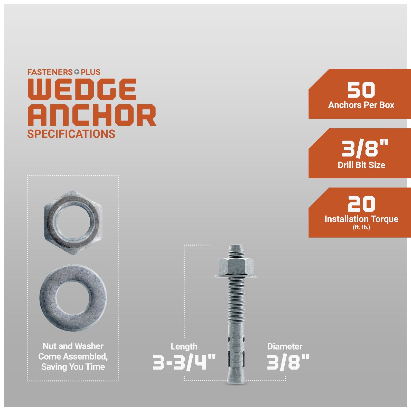 Simpson 3/8" x 3-3/4" Strong Bolt 2 Fully Assembled Wedge Anchor - Mechanically Galvanized, Pkg 50 Dimensions