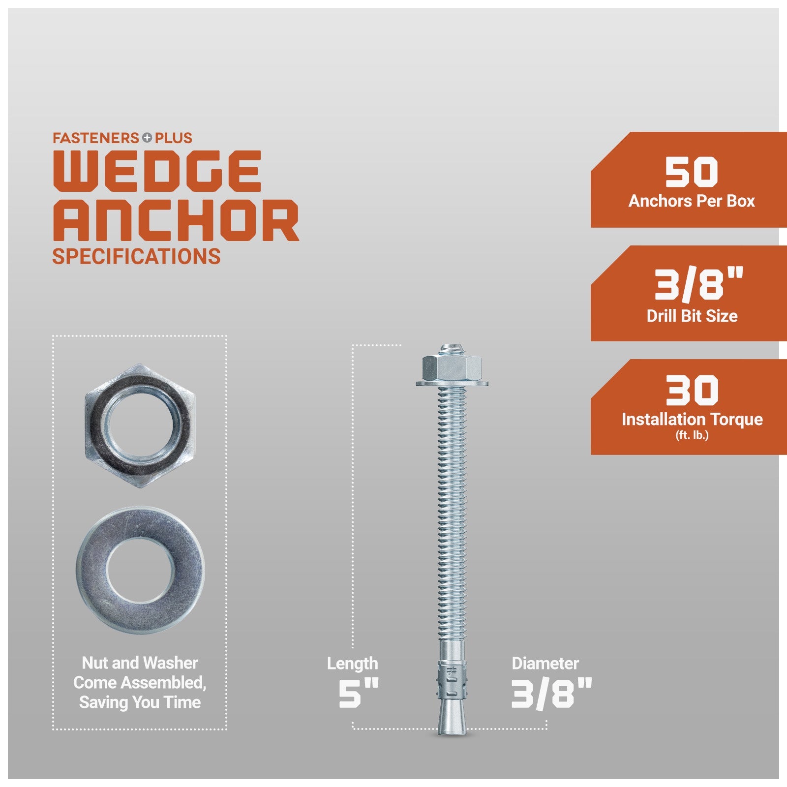 3/8" x 5" Strong-Tie Strong Bolt 2 Wedge Anchor Fully-Assembled, Zinc Plated, Pkg 50 Dimensions
