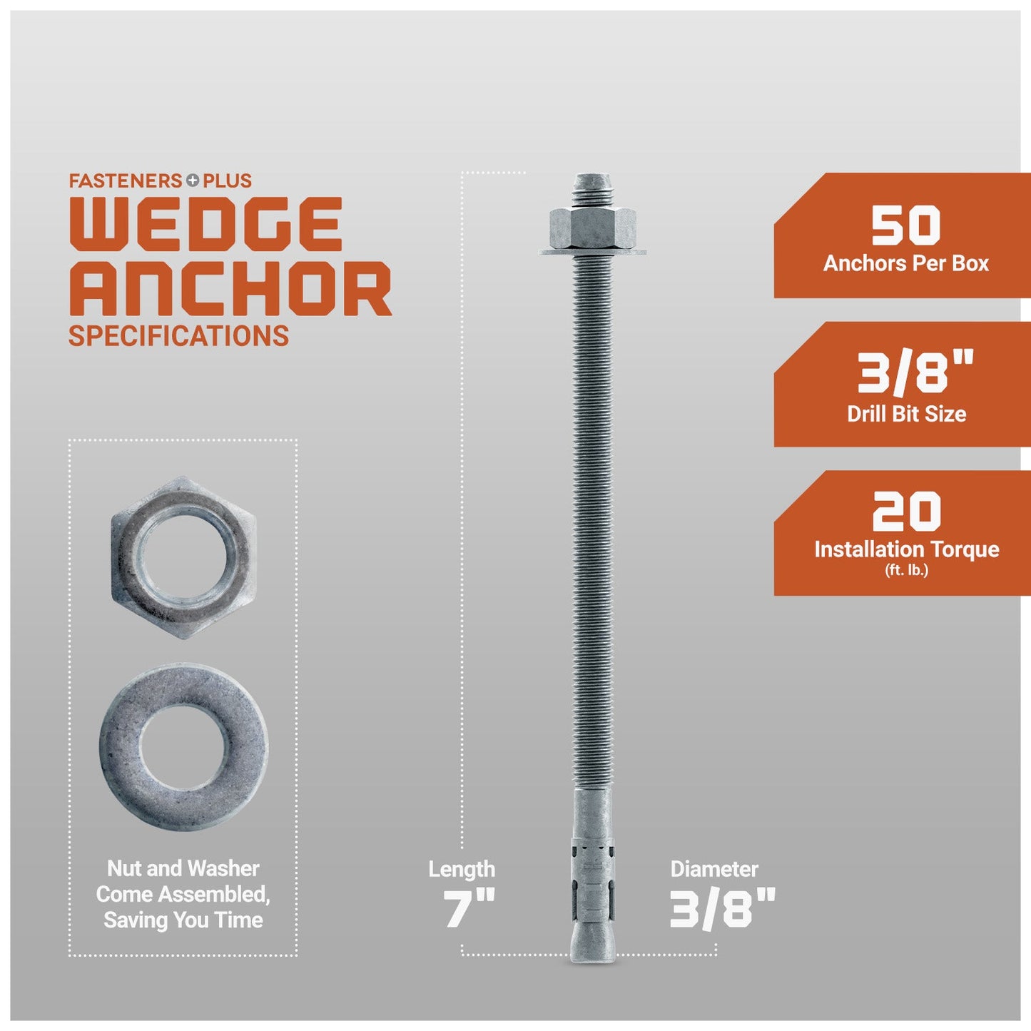 Simpson 3/8" x 7" Strong Bolt 2 Fully Assembled Wedge Anchor - Mechanically Galvanized, Pkg 50 Dimensions