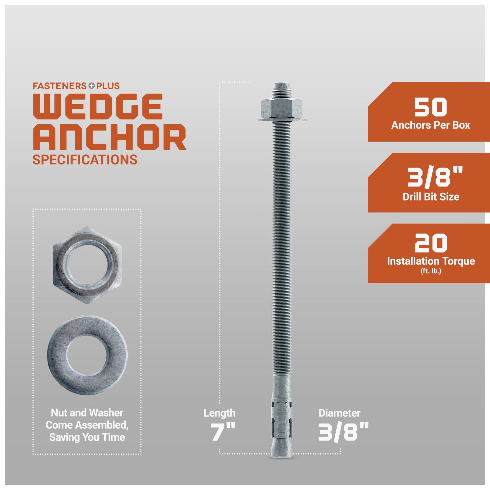 Simpson 3/8" x 7" Strong Bolt 2 Fully Assembled Wedge Anchor - Mechanically Galvanized, Pkg 50 Dimensions