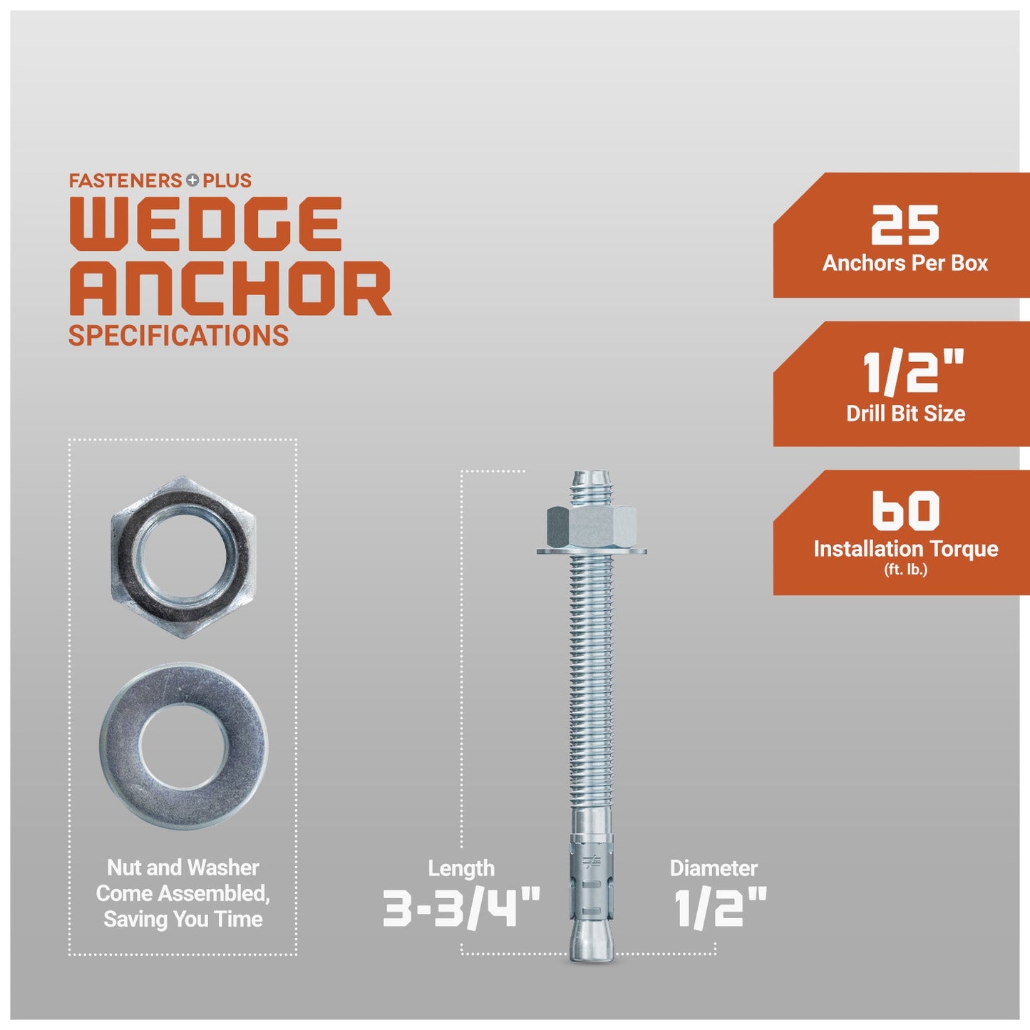 1/2" x 3-3/4" Strong-Tie Strong Bolt 2 Wedge Anchor Fully-Assembled, Zinc Plated, Pkg 25 Dimensions