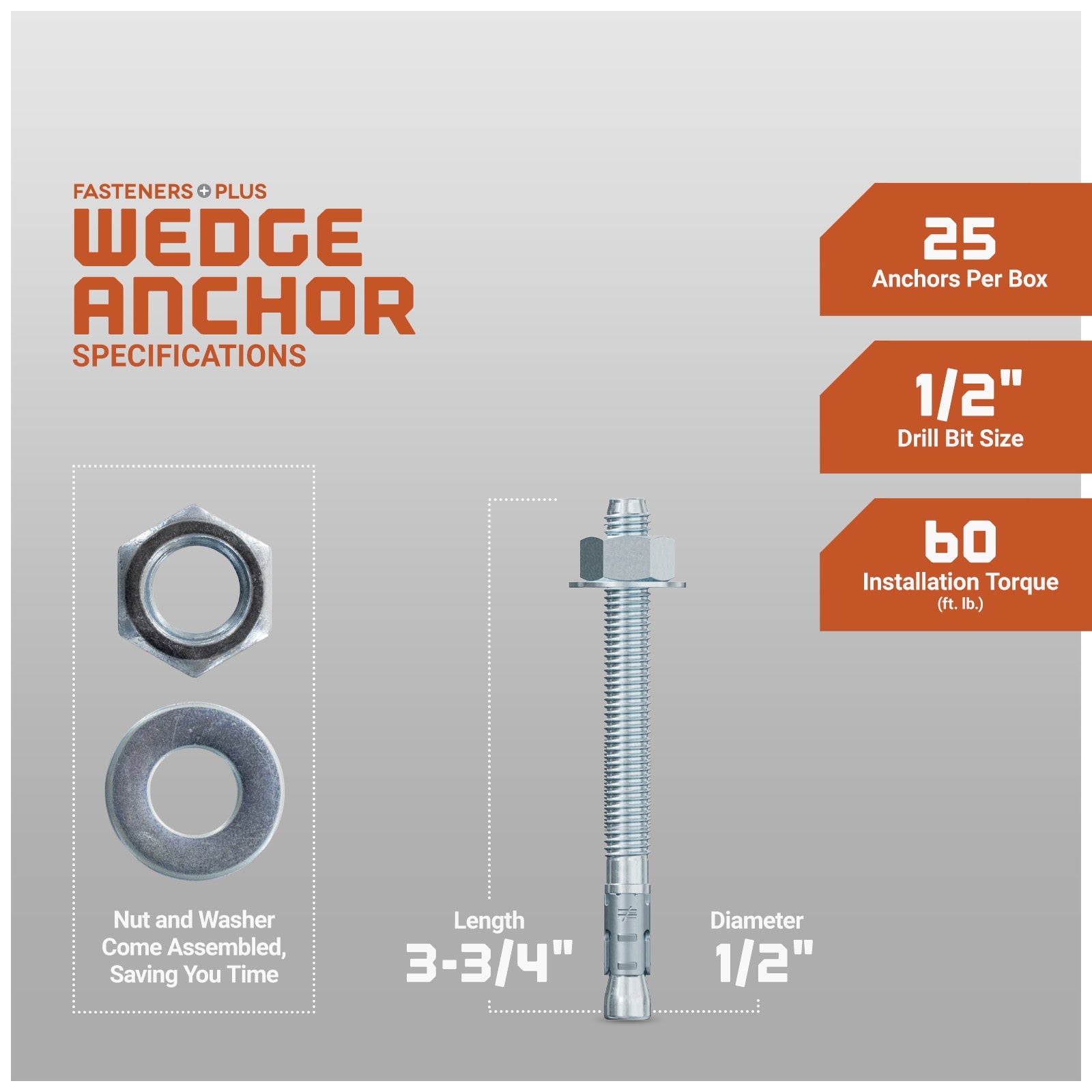 1/2" x 3-3/4" Strong-Tie Strong Bolt 2 Wedge Anchor Fully-Assembled, Zinc Plated, Pkg 25 Dimensions