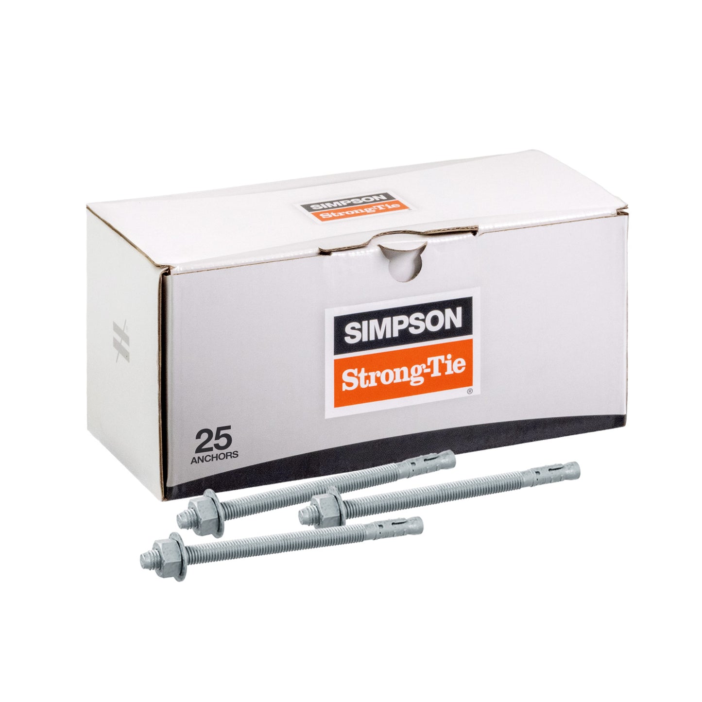 Box of Simpson Strong-Tie wedge anchors with two anchors in front on a white background