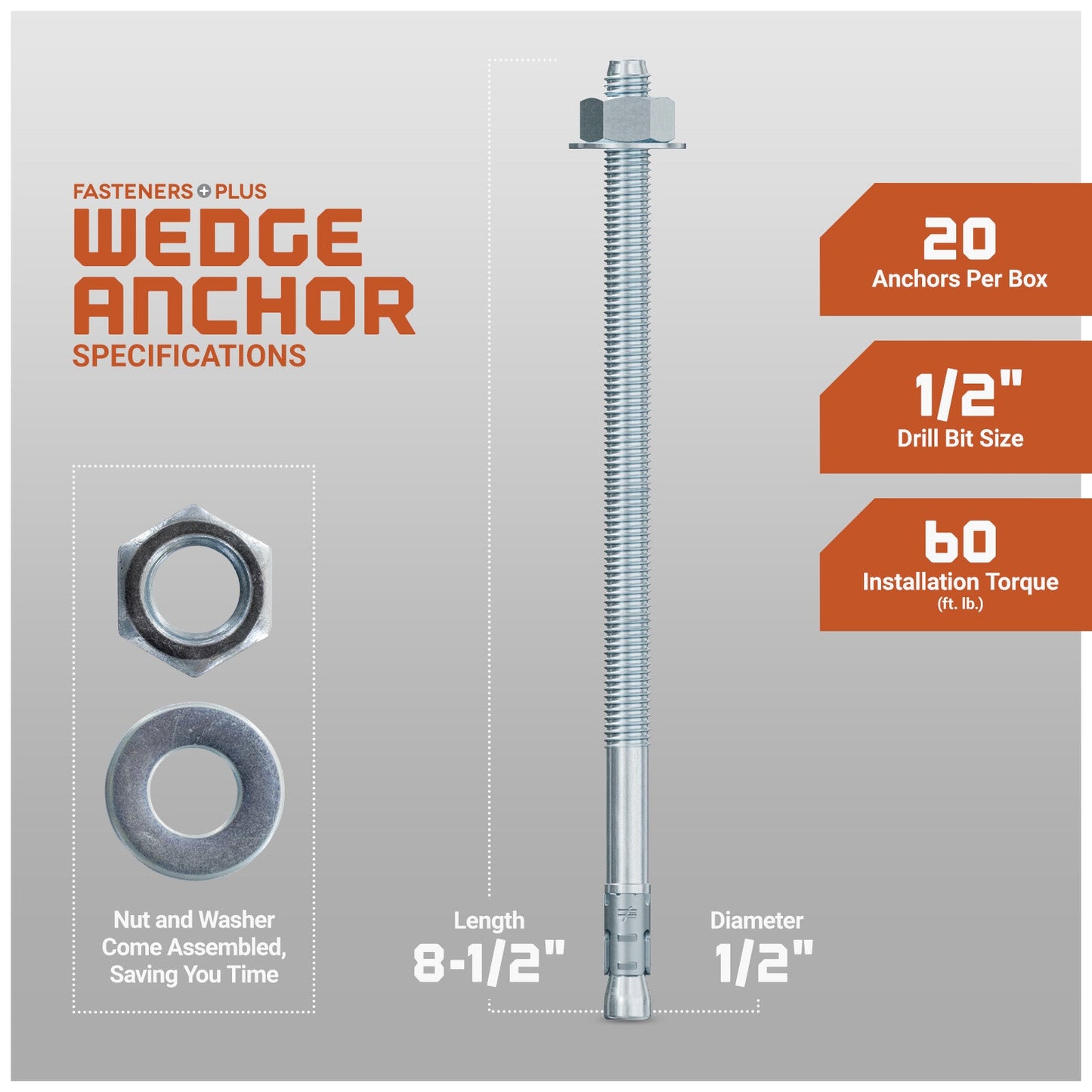 1/2" x 8-1/2" Strong-Tie Strong Bolt 2 Wedge Anchor Fully-Assembled, Zinc Plated, Pkg 20 Dimensions