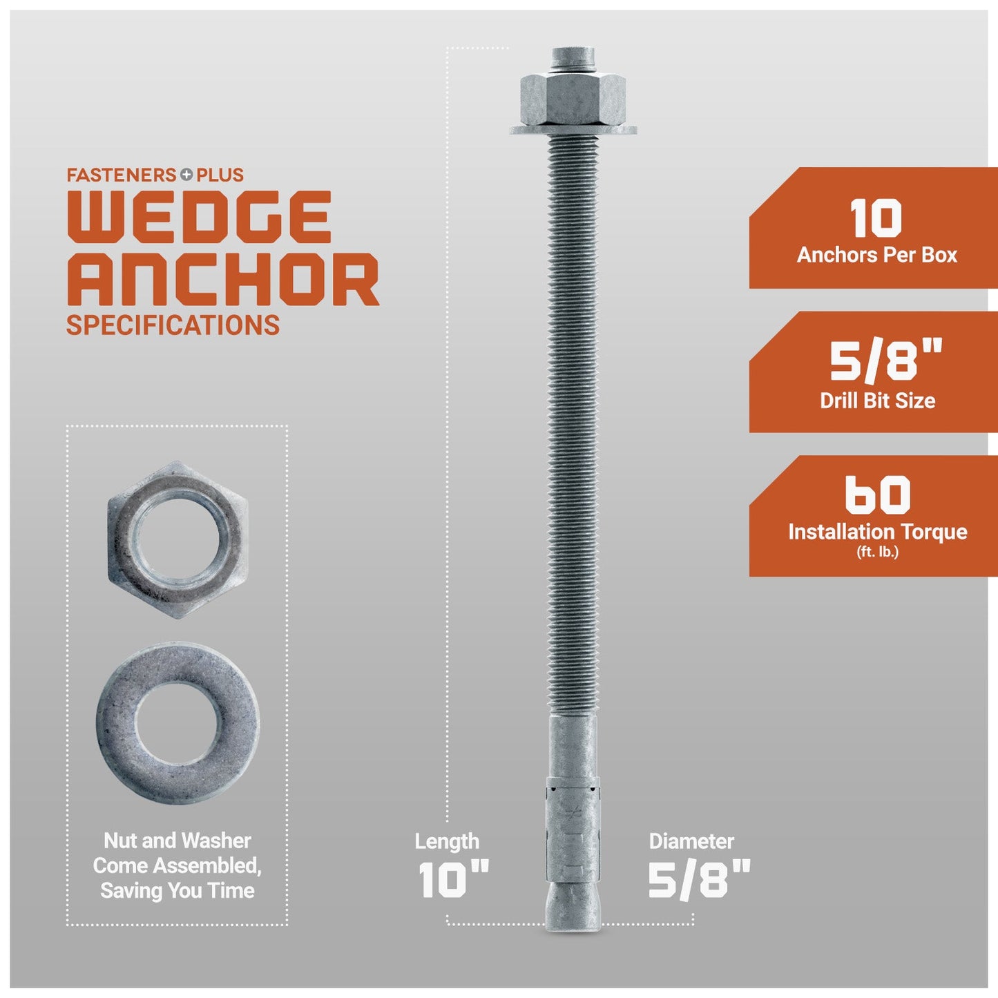 Simpson 5/8" x 10" Strong Bolt 2 Fully Assembled Wedge Anchor - Mechanically Galvanized, Pkg 10 Dimensions