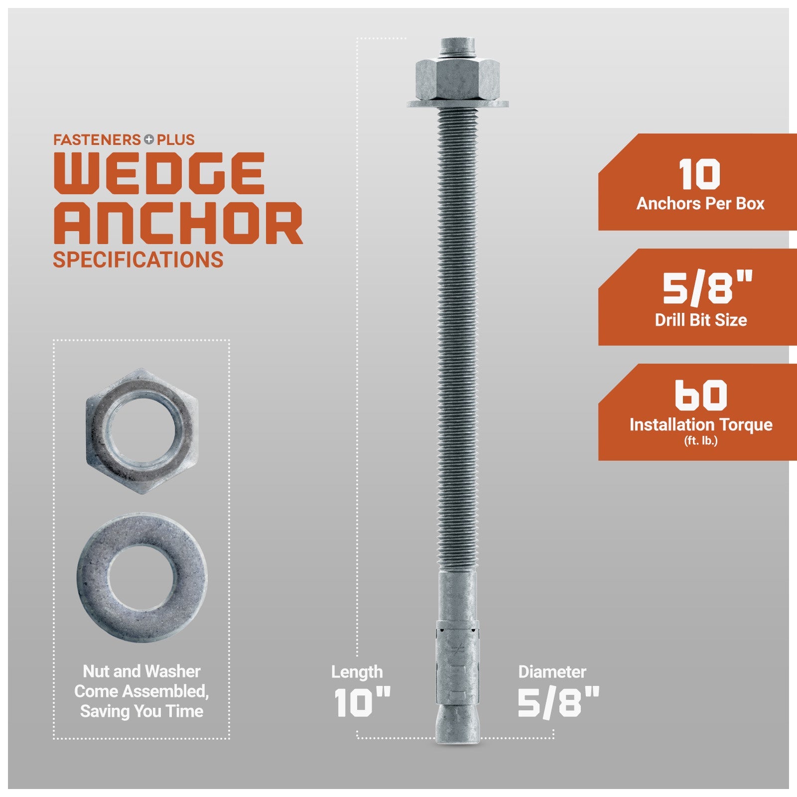Simpson 5/8" x 10" Strong Bolt 2 Fully Assembled Wedge Anchor - Mechanically Galvanized, Pkg 10 Dimensions