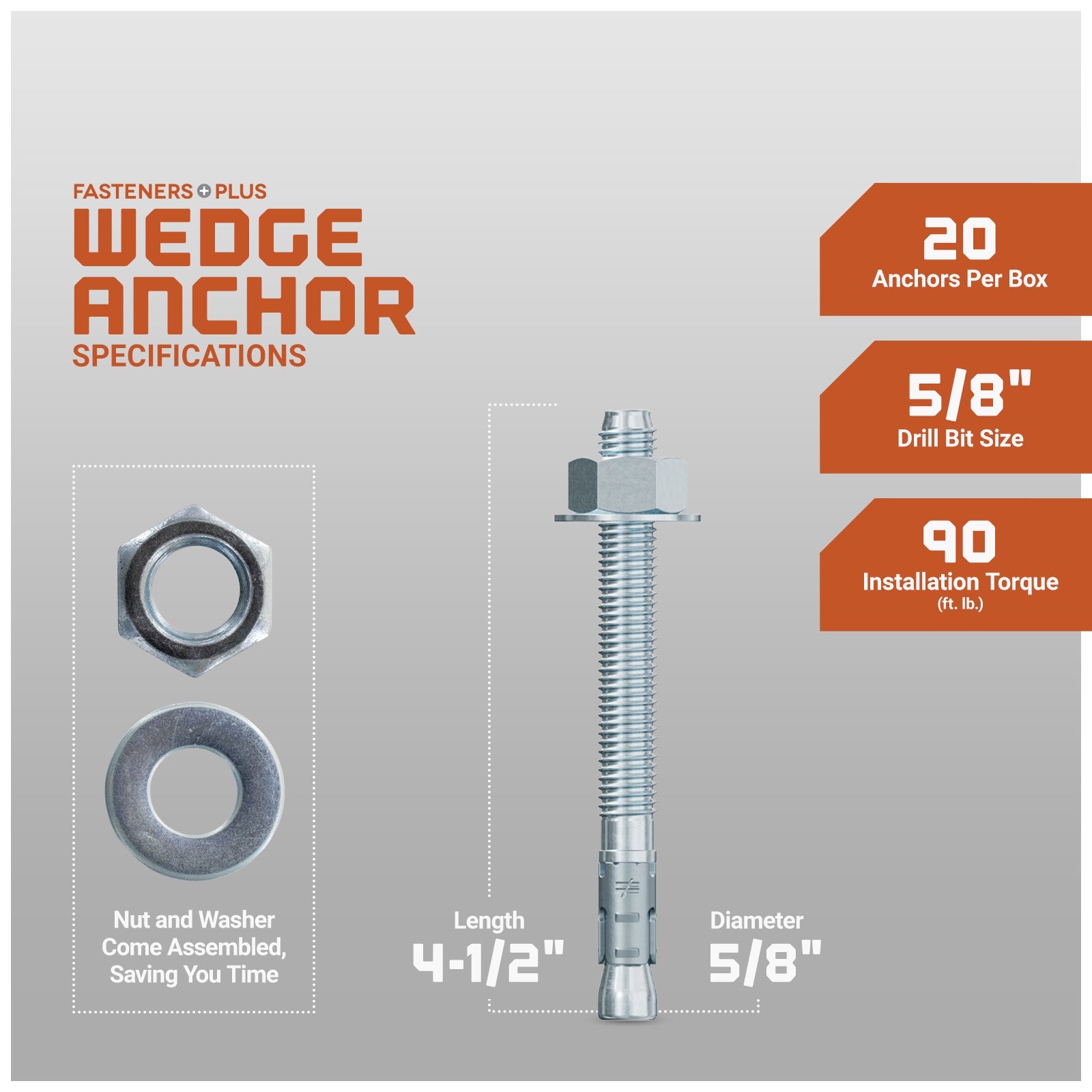 5/8" x 4-1/2" Strong-Tie Strong Bolt 2 Wedge Anchor Fully-Assembled, Zinc Plated, Pkg 20 Dimensions