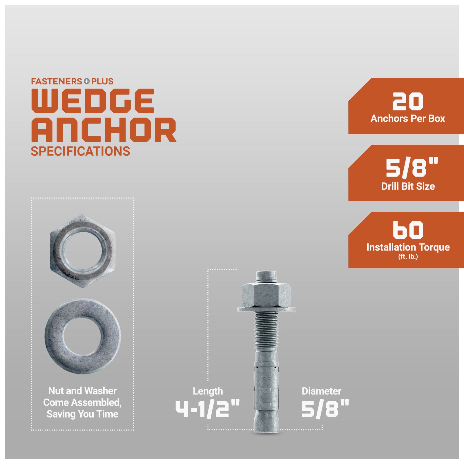 Wedge anchor with specifications on a gray background