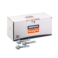 Box of Simpson Strong-Tie wedge anchors with three anchors displayed in front on a white background