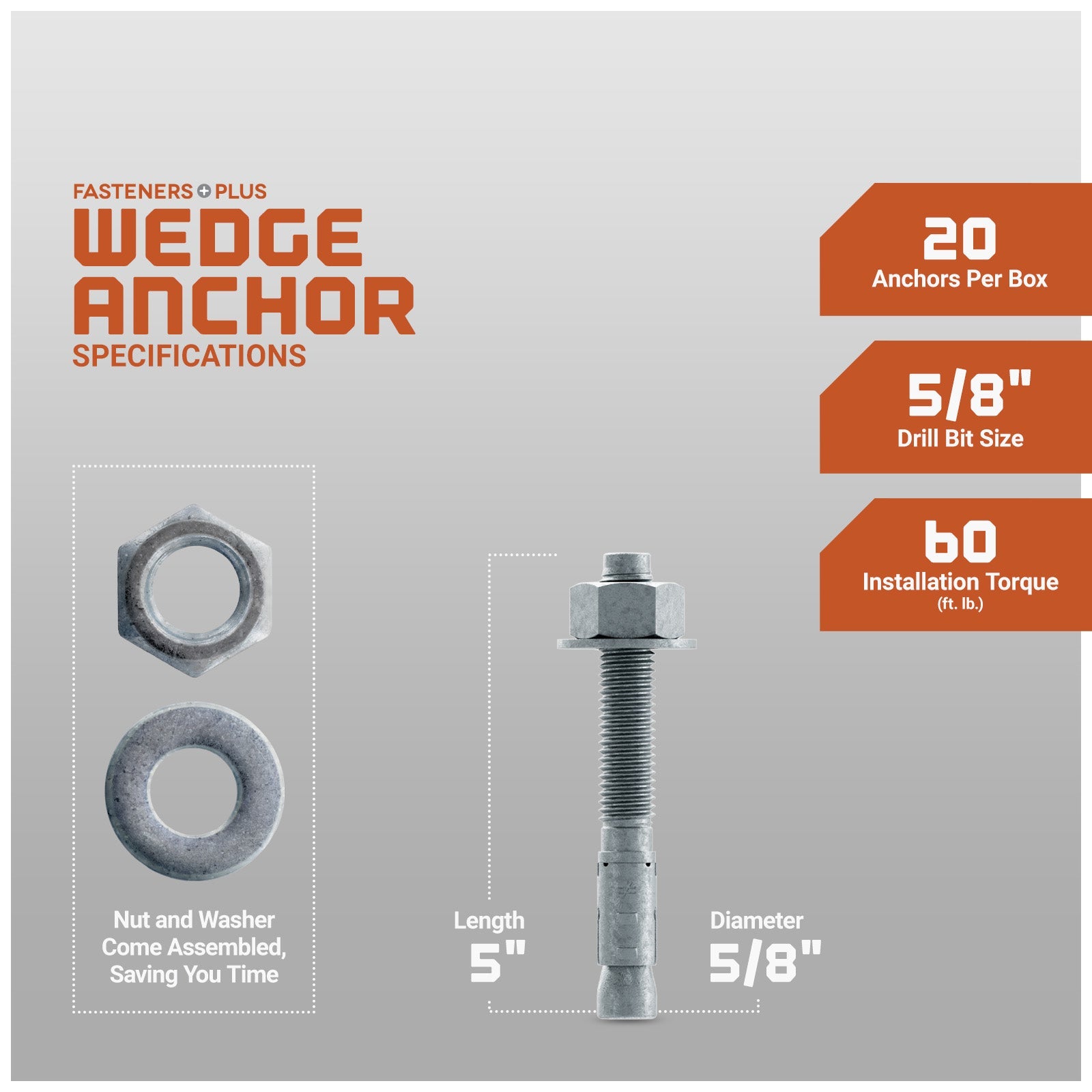 Simpson 5/8" x 5" Strong Bolt 2 Fully Assembled Wedge Anchor - Mechanically Galvanized, Pkg 20 Dimensions