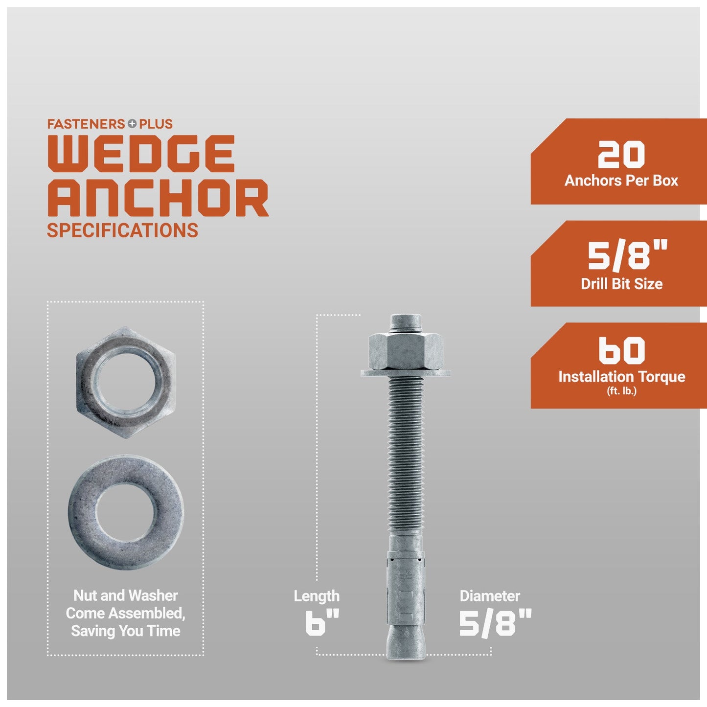 Simpson 5/8" x 6" Strong Bolt 2 Fully Assembled Wedge Anchor - Mechanically Galvanized, Pkg 20 Dimensions