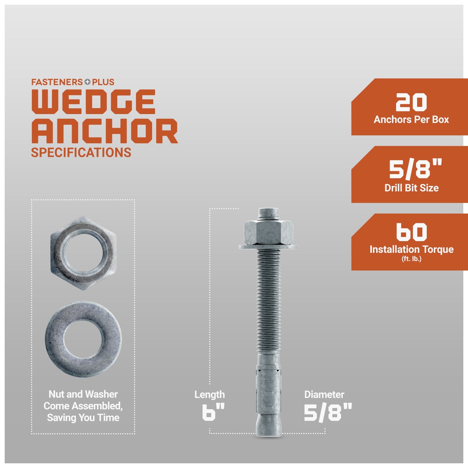 Simpson 5/8" x 6" Strong Bolt 2 Fully Assembled Wedge Anchor - Mechanically Galvanized, Pkg 20 Dimensions