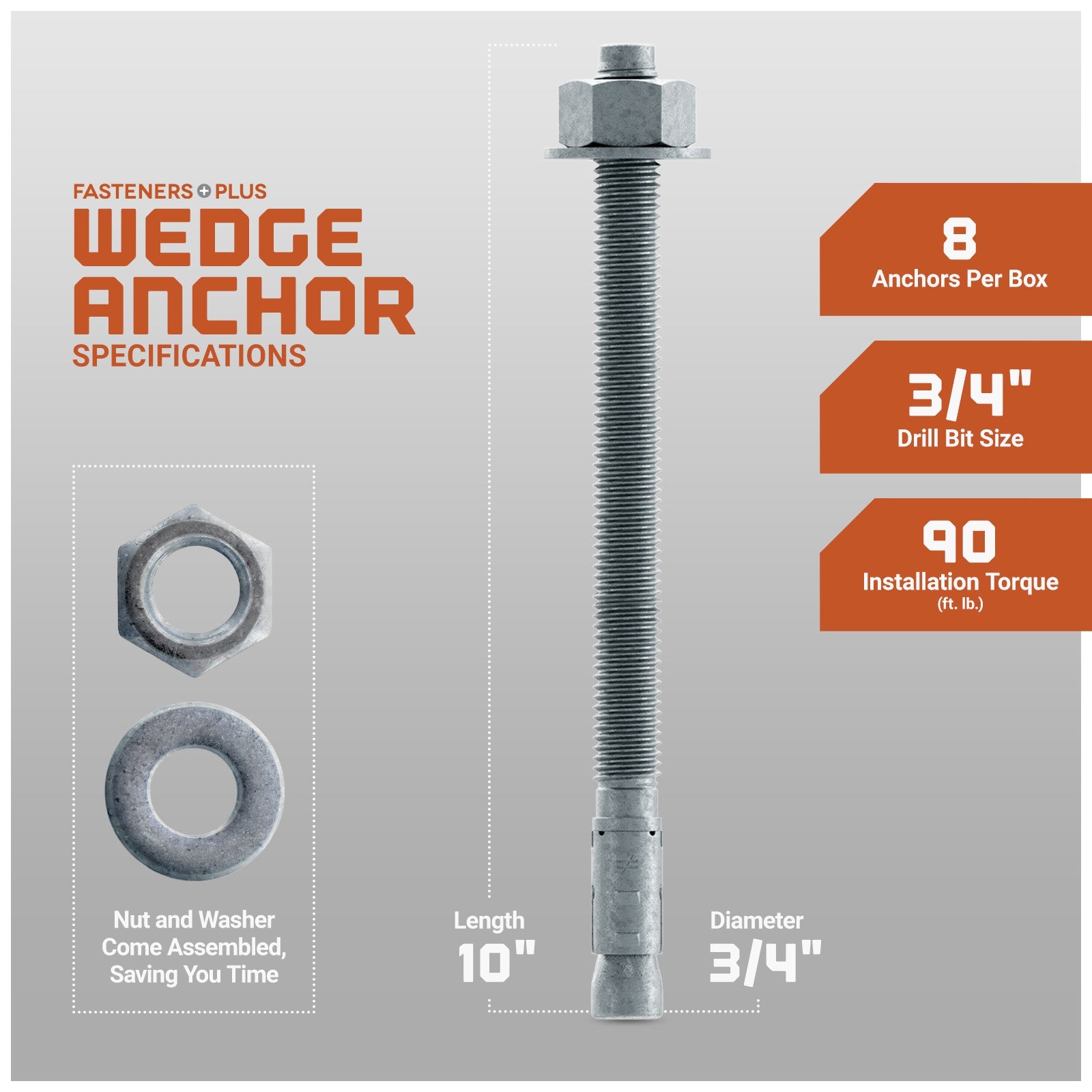 Simpson 3/4" x 10" Strong Bolt 2 Fully Assembled Wedge Anchor - Mechanically Galvanized, Pkg 8 Dimensions