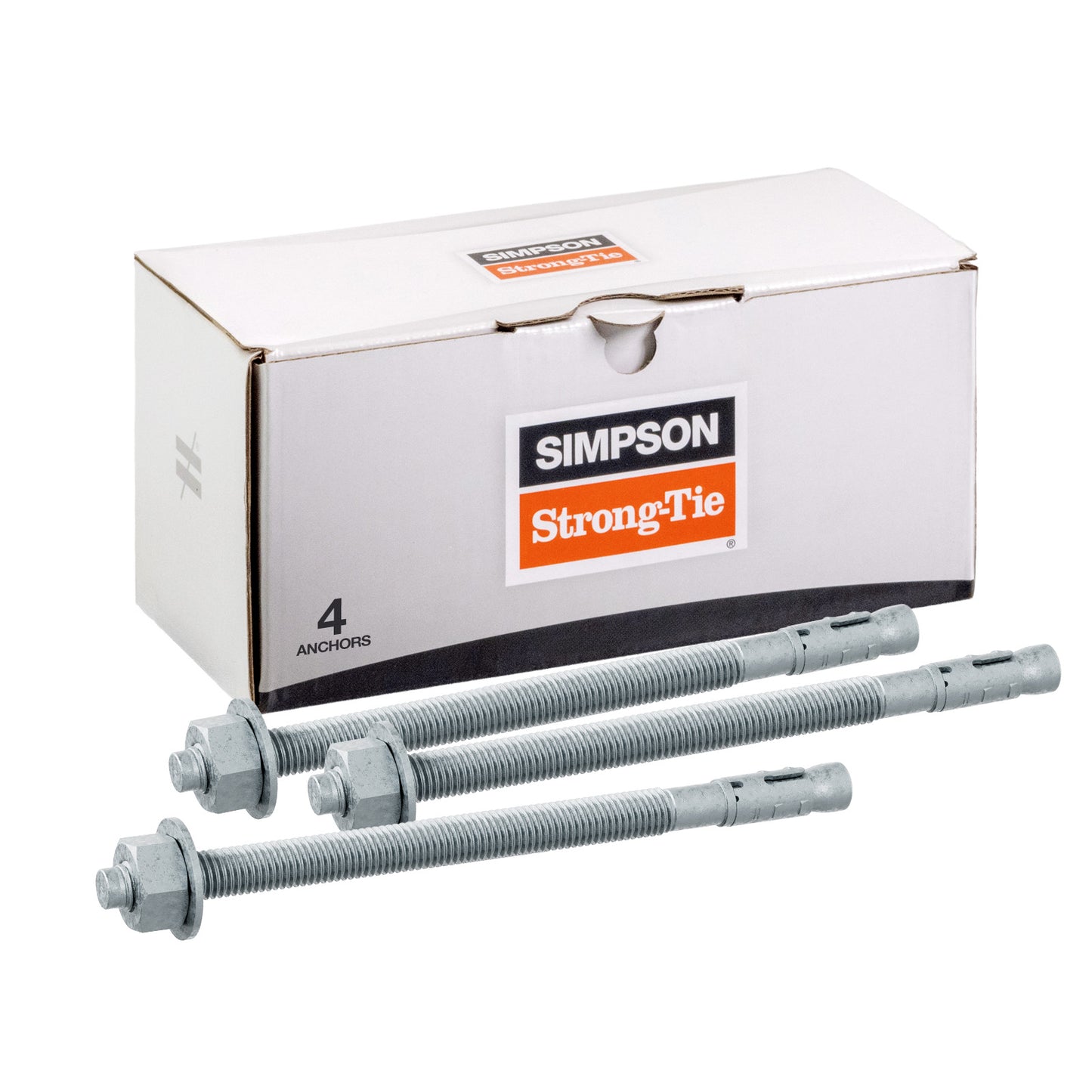 Box of Simpson Strong-Tie bolts on a white background