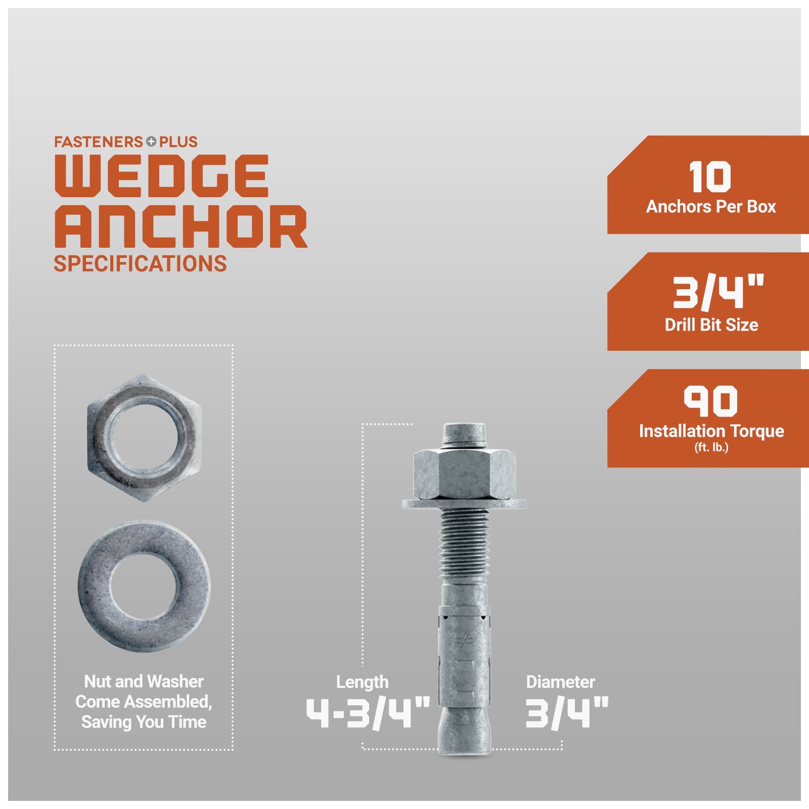 Simpson 3/4" x 4-3/4" Strong Bolt 2 Fully Assembled Wedge Anchor - Mechanically Galvanized, Pkg 10 Dimensions