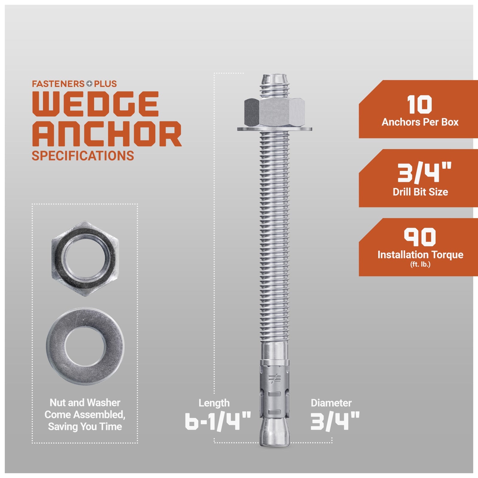Simpson 3/4" x 6-1/4" Strong Bolt 2 Fully Assembled Wedge Anchor - 316 Stainless Steel, Pkg 10 Dimensions