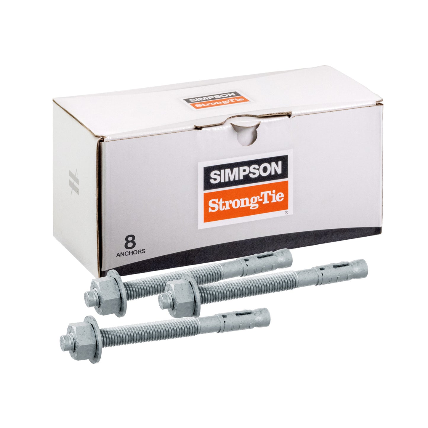 Box of Simpson Strong-Tie anchors with three anchors in front on a white background