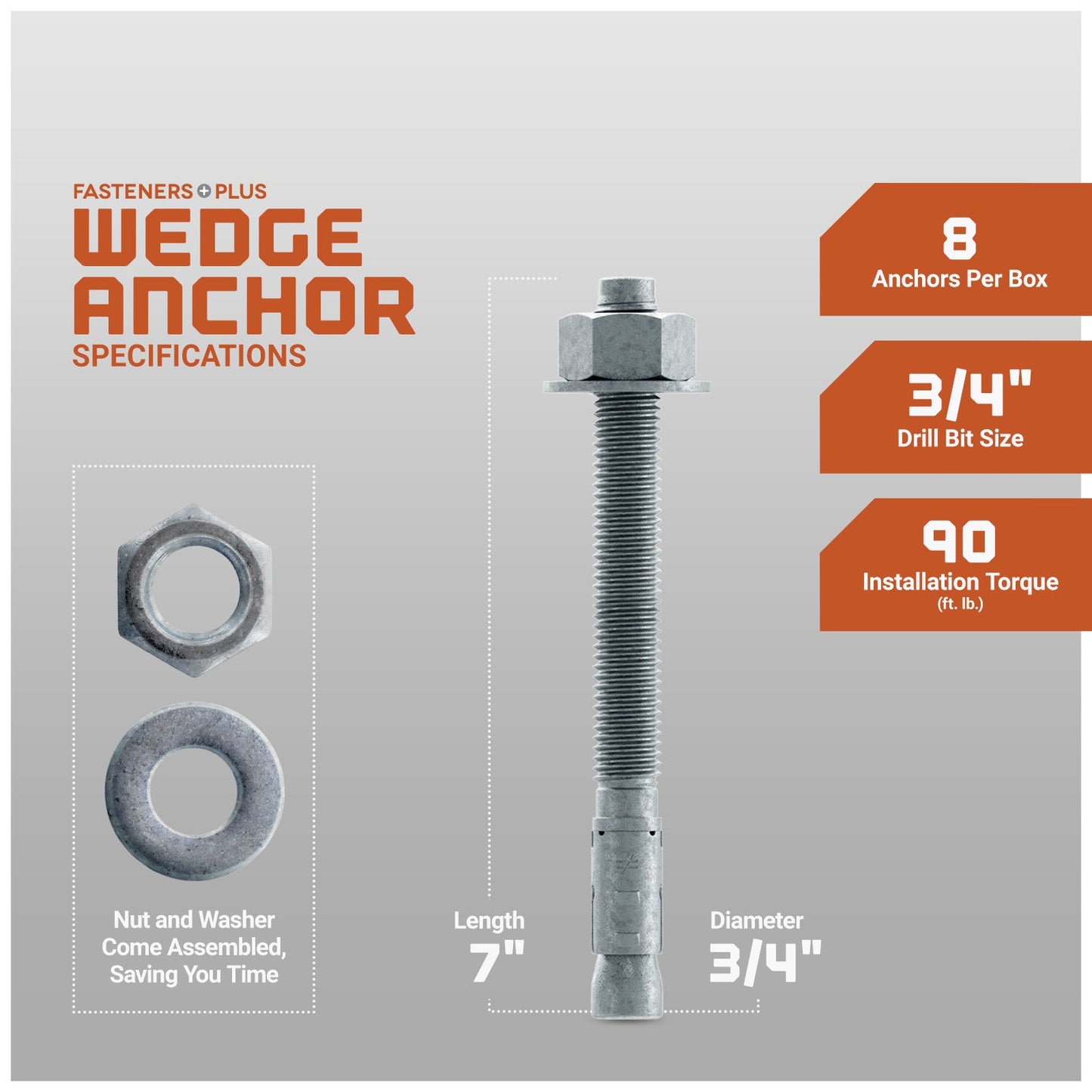 Simpson 3/4" x 7" Strong Bolt 2 Fully Assembled Wedge Anchor - Mechanically Galvanized, Pkg 10 Dimensions
