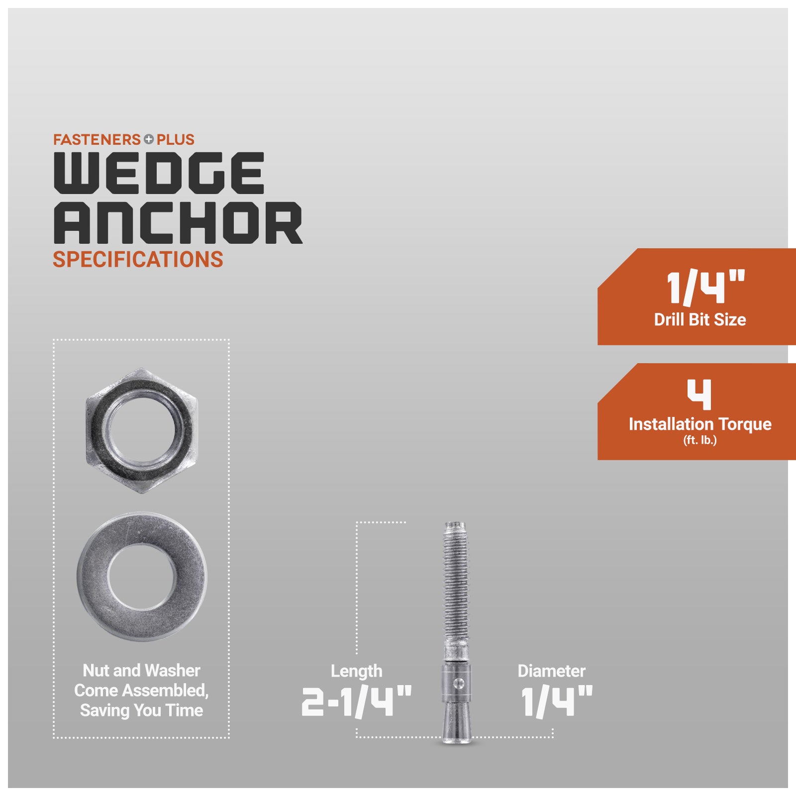 Wedge anchor specifications, nut and washer come assembled saving you time