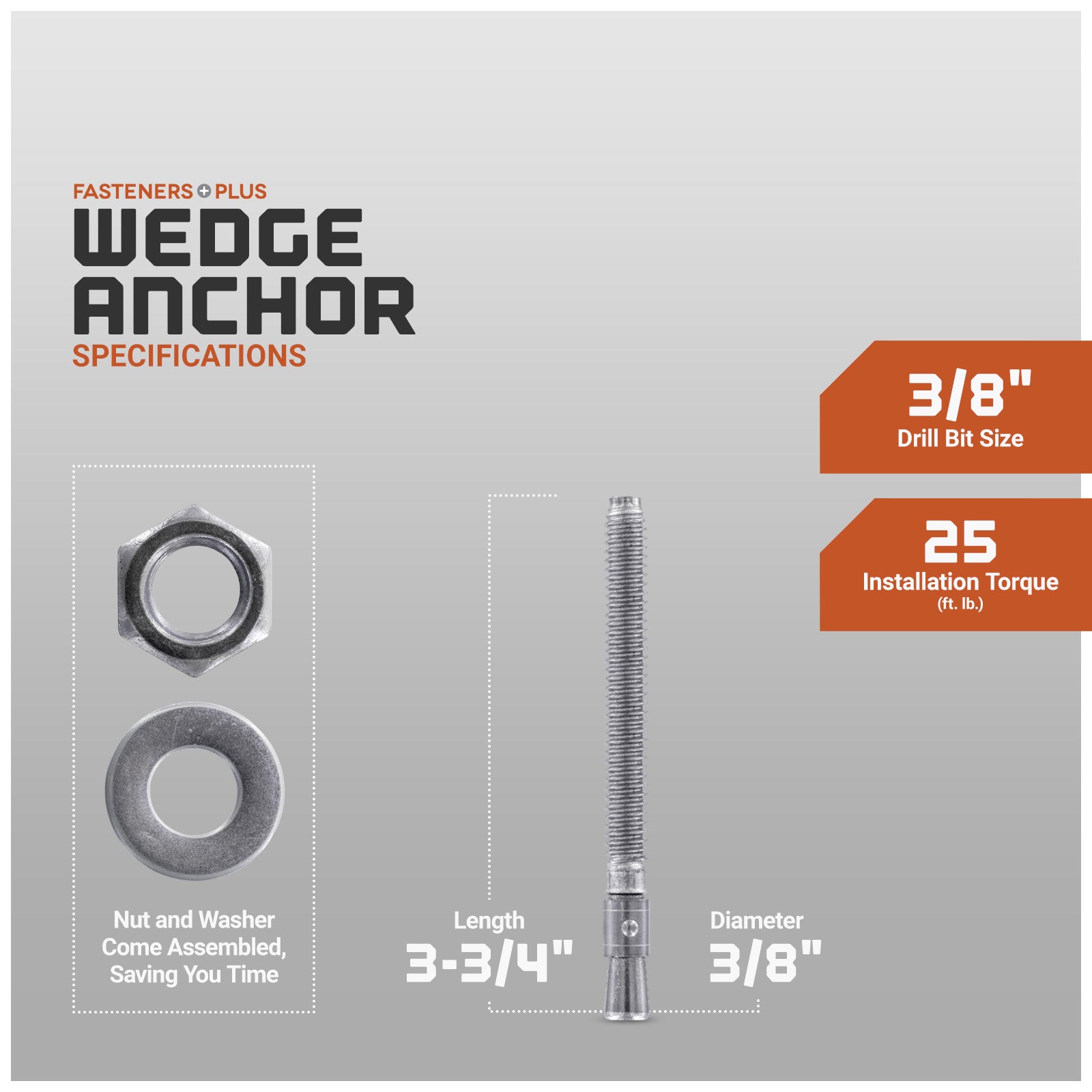 Wedge anchor specifications, nut and washer come assembled saving you time
