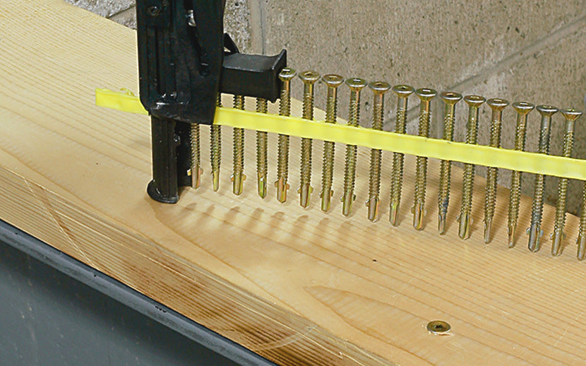 collated screws strip with drill installing into wood