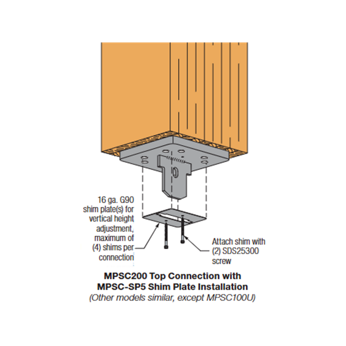 Diagram of a Simpson Strong-Tie top connection with MPSC-SP5 Shim Plate Installation