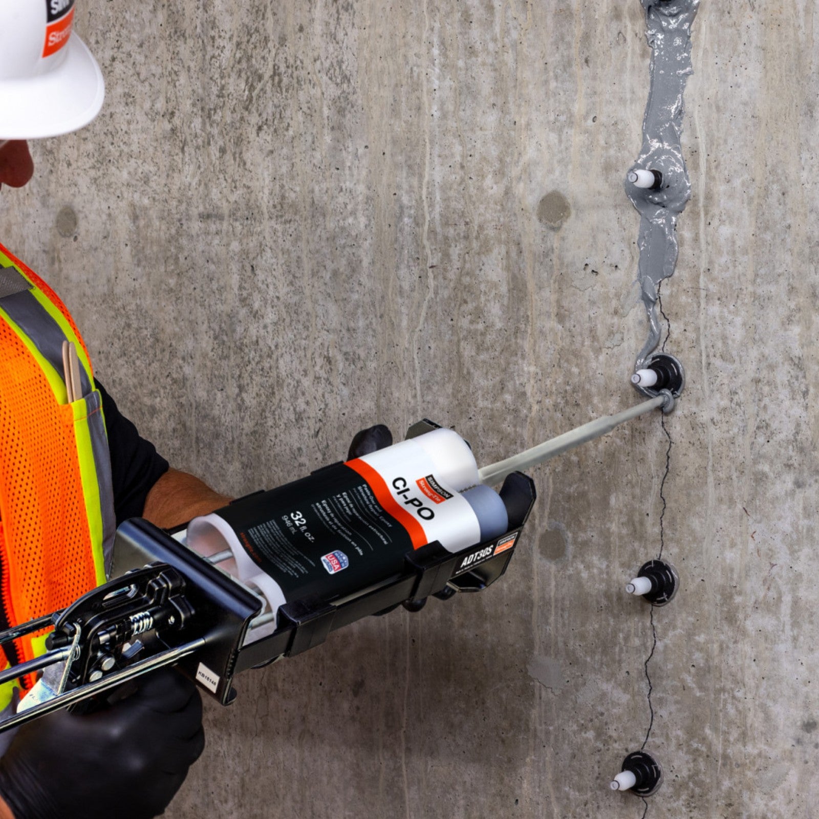 Simpson Strong-Tie CI-LVPO-KT Crack Injection Contractor Kit application to cracked concrete wall