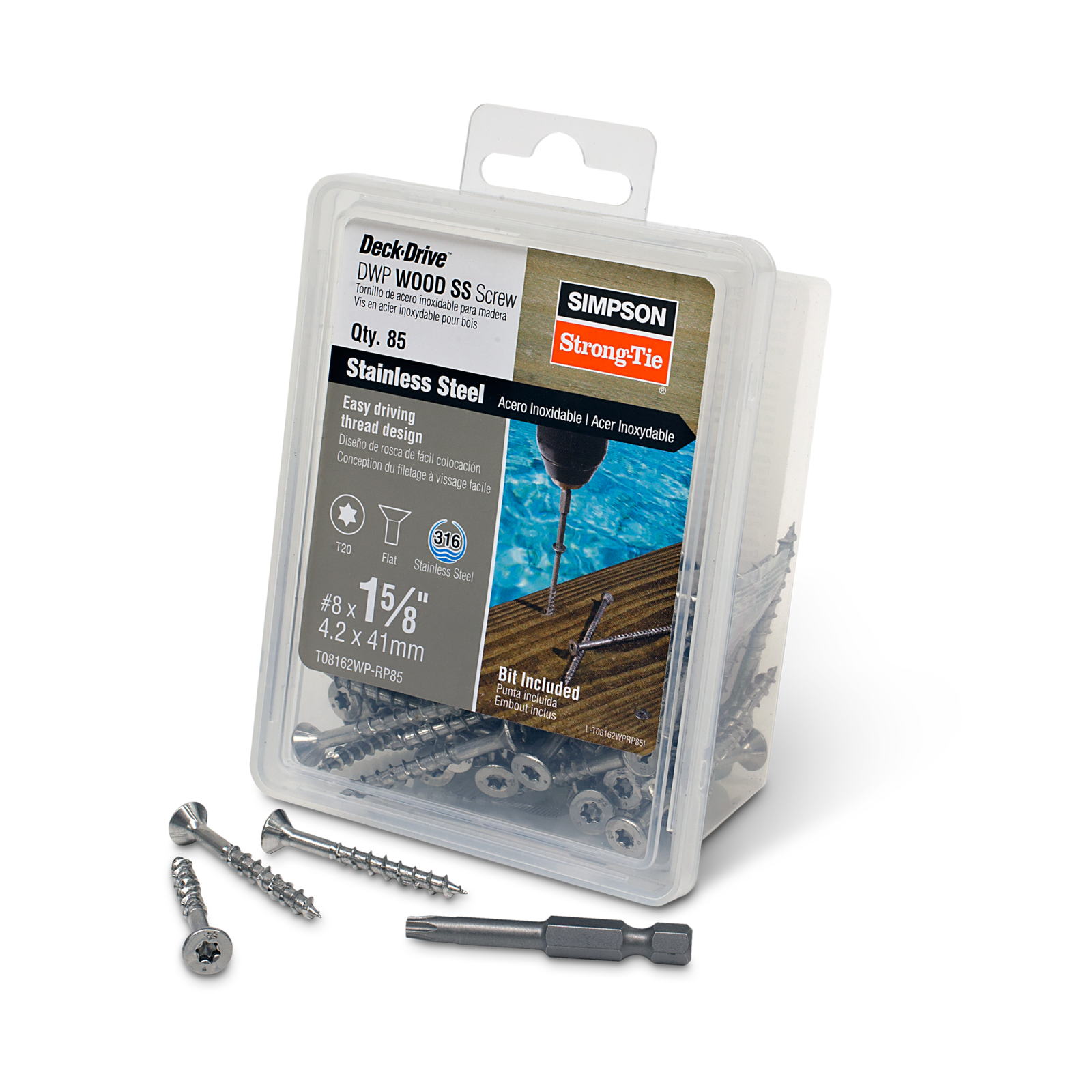 Simpson T08162WP-RP85 #8 x 1-5/8" T20 DWP Flat Head Wood Screw - Type 316 Stainless Steel, Pkg 85