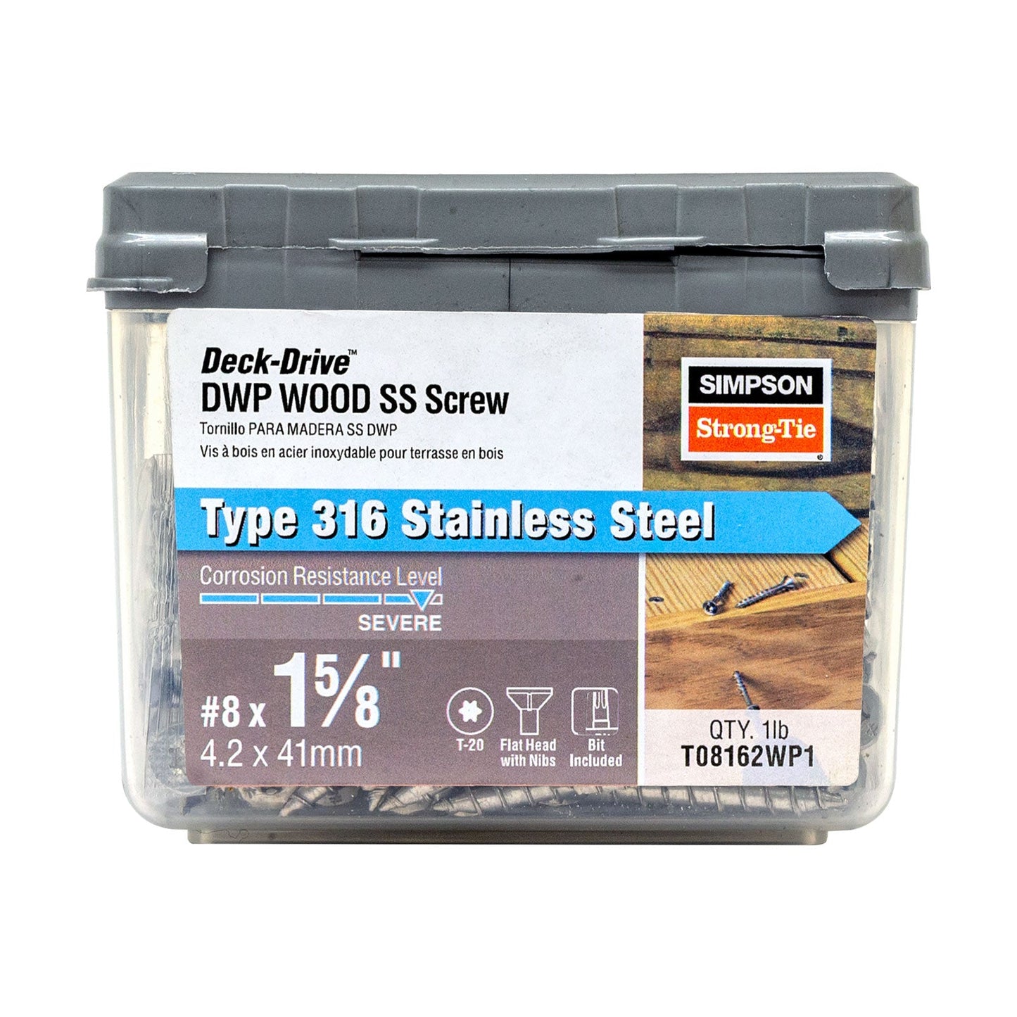 #8 x 1-5/8" Simpson Strong-Tie DWP T20 Flat Head Wood Screw - 316 Stainless Steel, Pkg 1 lb