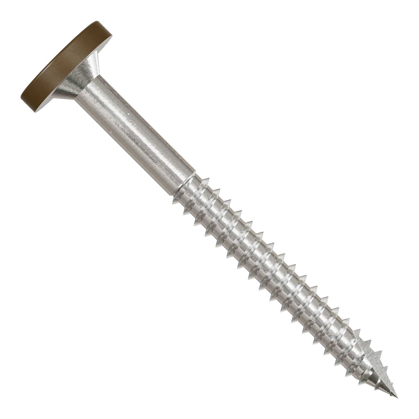 Metal screw with a brown head on a white background
