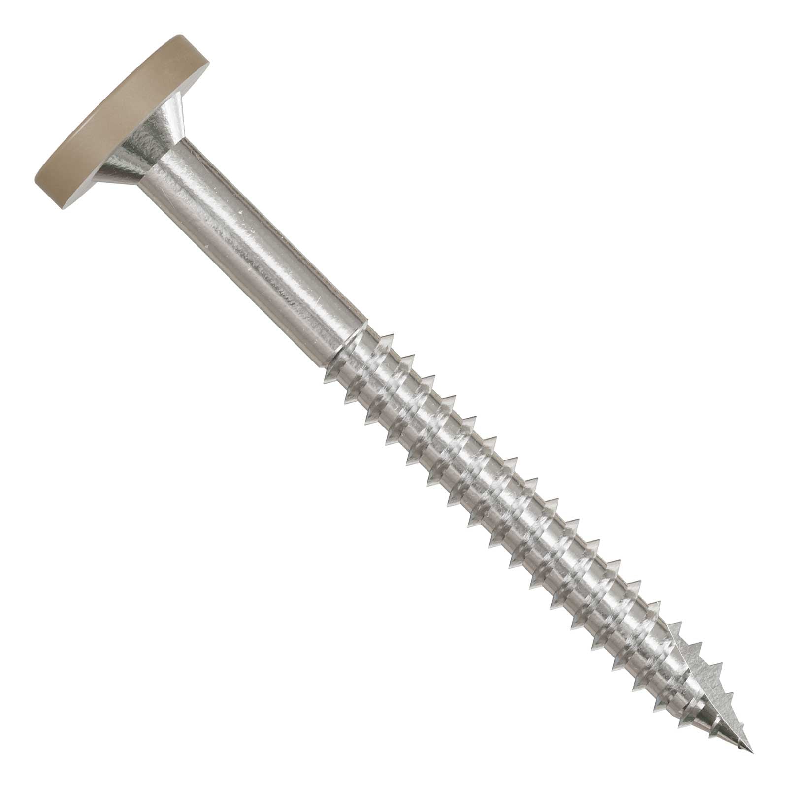 Metal screw with a hex head and coarse thread on a white background